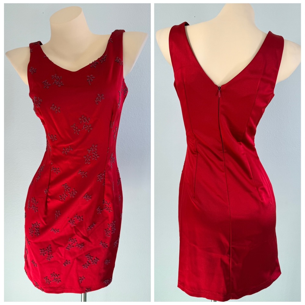 All That Jazz Vintage Coquette Red Beaded Satin Mini Dress Size 7/8 Made in USA